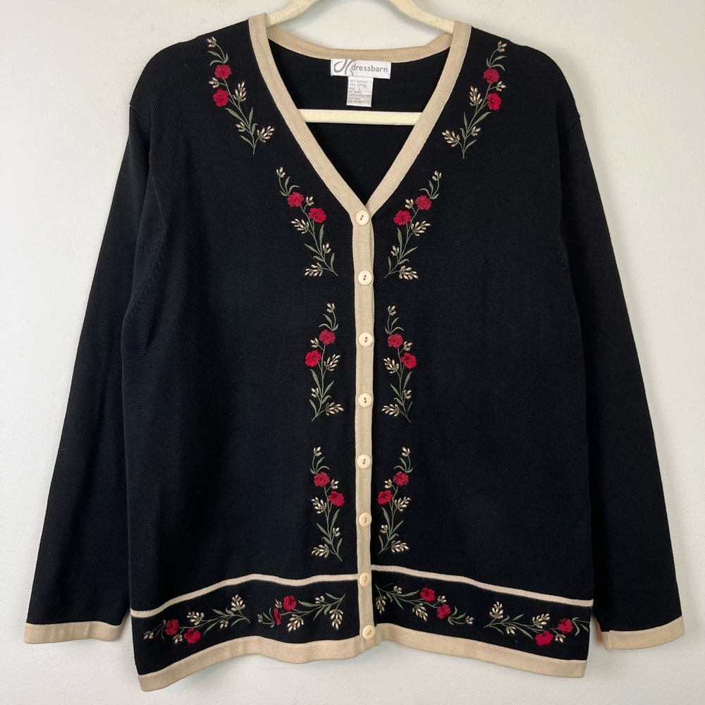 Vintage Dress Barn Knit Floral Embroidered Cardigan and Tank Top Set L